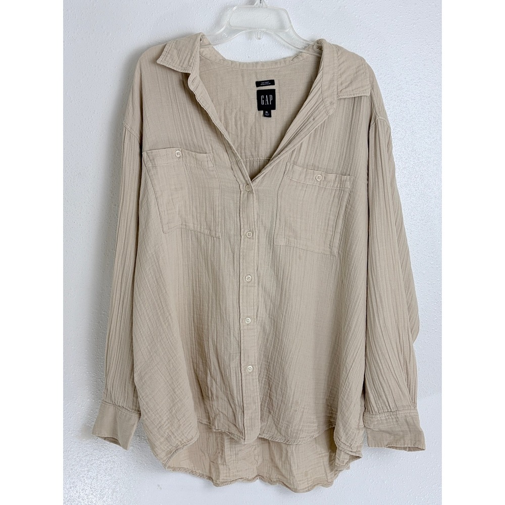 Gap Big Shirt Crinkle Gauze Beige Oversized Button Down Long Sleeve XL